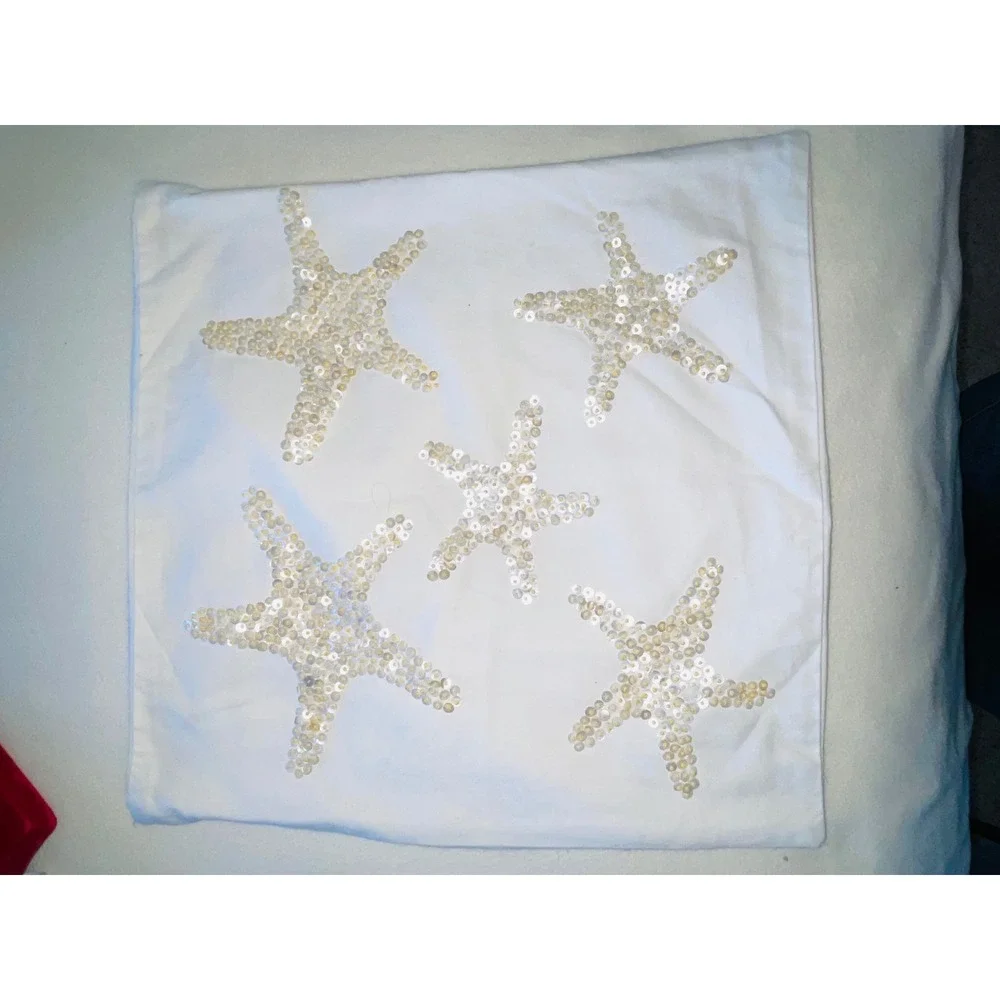 Pottery Barn Off White Cotton Pillow Cover Sequin Starfish 18x 18 Coastal